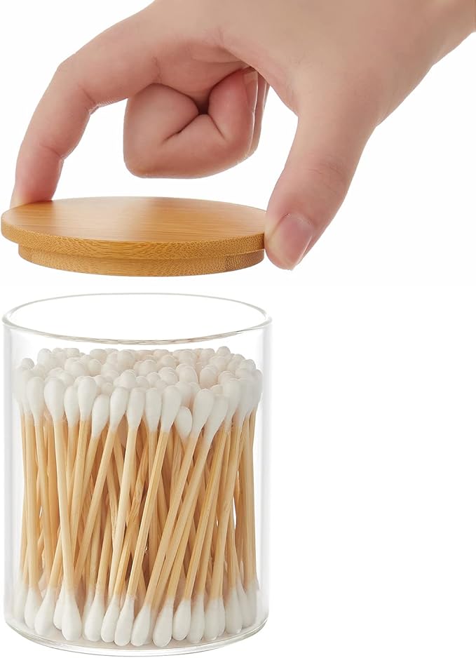 INIUNIK 4 Pack Glass Qtip Holder Dispenser Glass Apothecary Jars with Lids Cotton Ball Swab Pad Holder Bathroom Essential Canisters Accessories Jars for Bathroom Organization Vanity Organizers