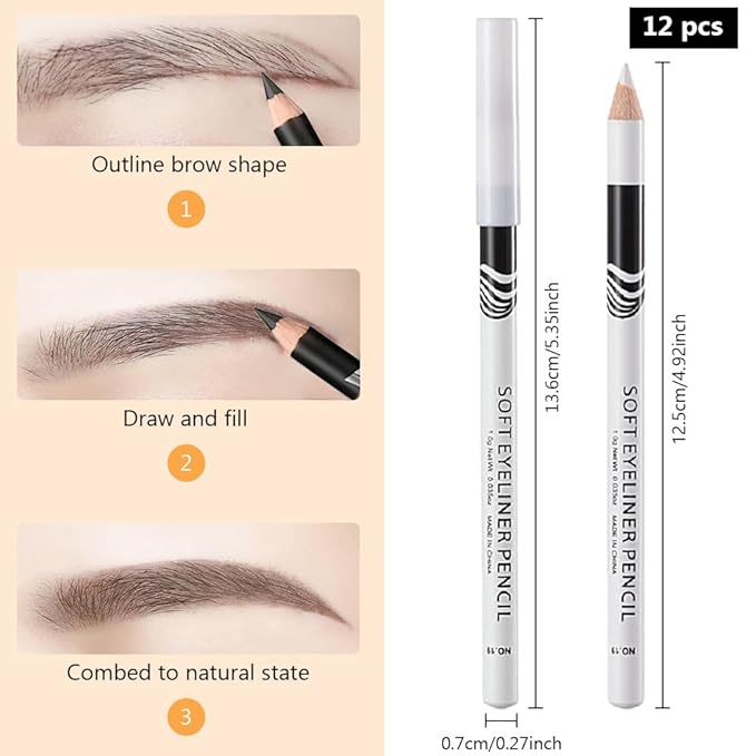 12Pcs Eyebrow Pencils for Women, Wooden Hard-Core White Eyebrow and Eyeliner Pencil, Long Lasting Waterproof and Sweat-Proof, Beginner Makeup Brow Pencil, Create a Natural Eye Brow Makeup