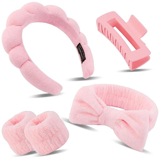 Canitor Spa Headband Wrist Bands Set with Hair Clips Skincare for Washing Face Skin Care Makeup Preppy Tween Teen Girl Gifts Cute Trendy Stuff Hair Accessories for Women (pink)