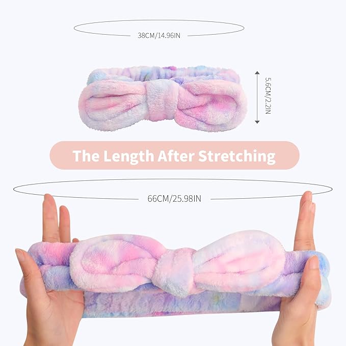 PERFECTSIGHT Kawaii Headband for Spa, Makeup, Washing Face, Party - 2 Pack Cute Bow Hair Band for Shower Beauty Skincare, Soft Facial Headbands for Girls and Women, Rainbow
