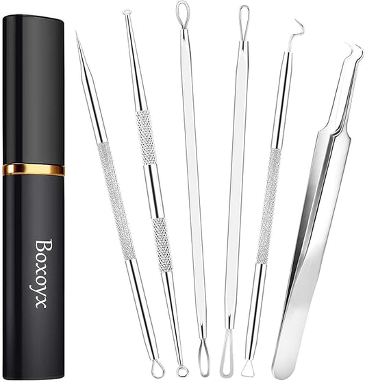 Boxoyx Pimple Popper Tool Kit - 6 Pcs Blackhead Remover Comedone Extractor Tool Kit with Metal Case for Quick and Easy Removal of Pimples, Blackheads, Zit Removing, Forehead, Facial and Nose(Silver)