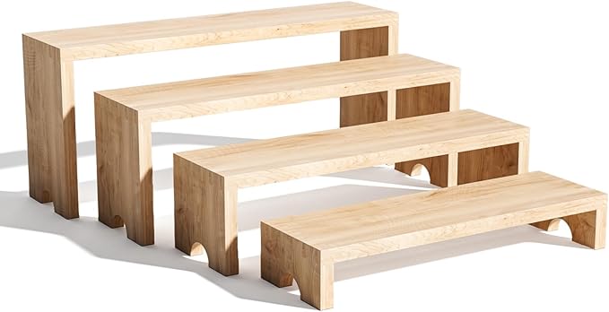 4 Tier Large Display Wooden Riser Stand 1 Set Decorative Rectangular Wood Racks 4 Pieces Stackable Perfume Organizer Cologne Stand Wood Dessert Table Display Set for Vendor Events (Wood color, 4PCS)