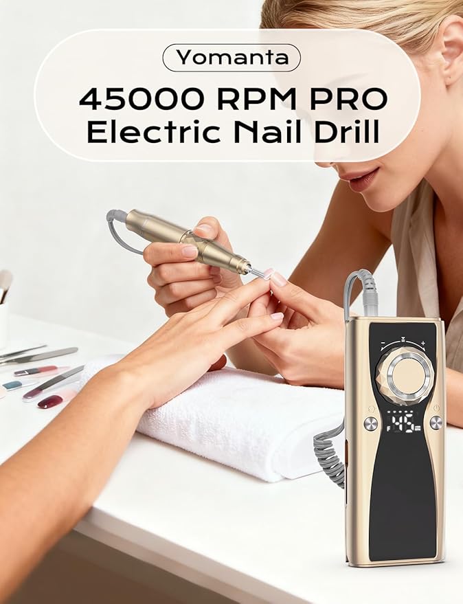 Electric Nail Drill Professional Kit: 45,000 RPM USB Rechargeable Efile Nail Drill Nail File with 12 Bits for Polishing Gel/Acrylic Nails- Portable Manicure Tool Set for Salon/Home-Gold