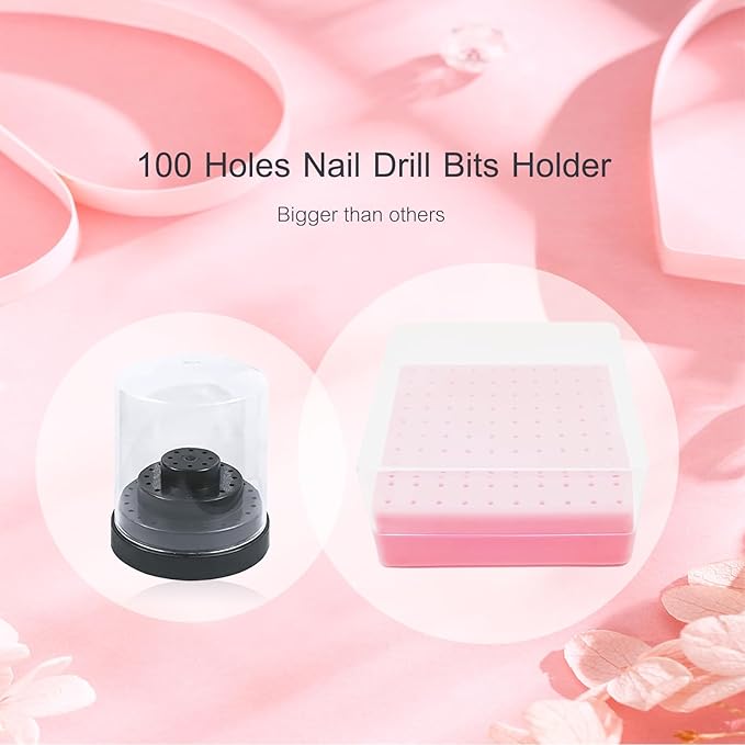 CORFULRA Nail Drill Bits Holder, Nail Organizer Box for Nail Drill Bits, Large Space of Container Case for Drill Bits for Nails, 100 Holes Dustproof Displayer Box of Nail Supplies for Nail Tach, Pink