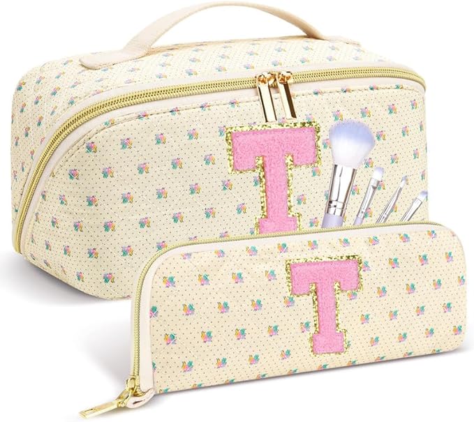 Personalized Travel Makeup Bag Set, Initial Travel Cute Floral Makeup Organizer Bag, Beige Toiletry Skincare Cosmetic Bag, Valentine’s Day Gifts for Women/Girls, Open Flat Toiletry Pouch Brush Bag