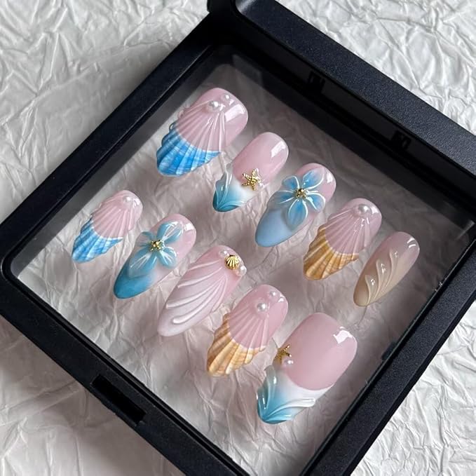 MAGLFELL Press On Nails - Medium Almond Handmade Unique Fake Nails, Artistic Design, Thick Acrylic and Muti-Layer Gel False Nails S size