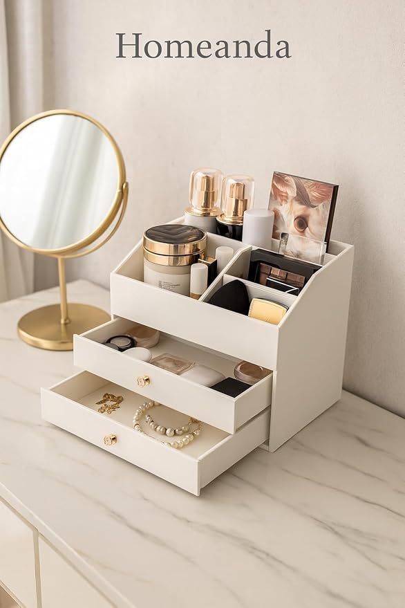 Homeanda Makeup Organizer with Drawers, PU Leather Cosmetic Storage Box Large Cosmetic Display Case for Skincare, Lipstick, Brushes, Bedroom Storage(White)