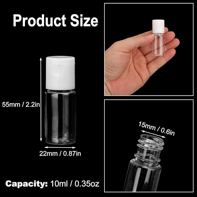 KUKLIPJIM 200 Pack 0.35 oz Plastic Bottles with Top Caps, Clear Empty 10 ml Flip Top Cosmetic Bottles for Lotion and Shampoo, Travel-Friendly, BPA-Free
