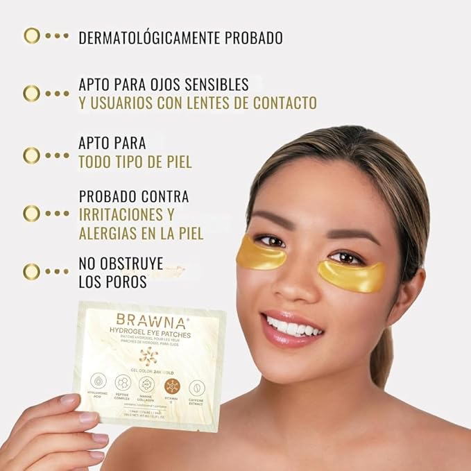 BRAWNA UnderEye Patches – Hydrogel Masks with Vitamin C, Caffeine & Collagen – For Dark Circles, Puffy Eyes, Wrinkles & Tired Skin – 24K Gold Skincare – 24 Pairs