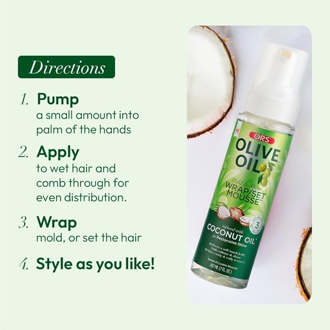 ORS Olive Oil Hold & Shine Wrap Set Mousse Infused with Coconut Oil for Restorative Shine 7 Ounce (Pack of 2)