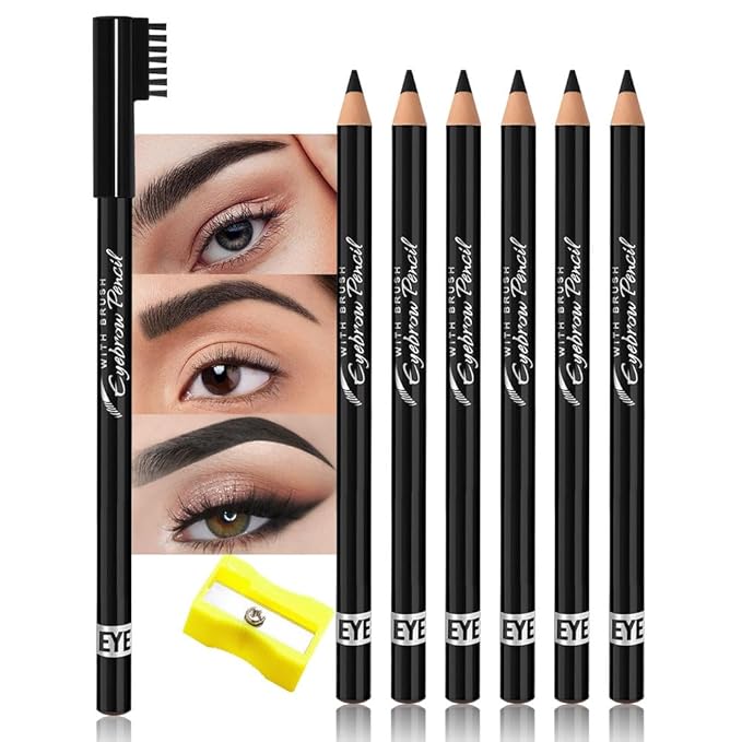 Eyebrow Pencils for Women with Sharpener, 6Pcs Hard-Core Wooden Eye Brow Eye Liner Pencils for Beginner Makeup, Waterproof & Sweat-Proof (6Pcs-Black)