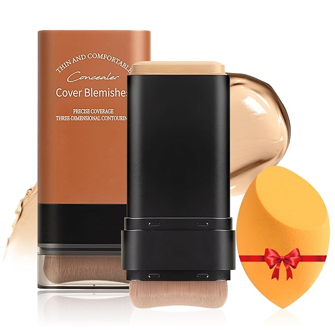 Full Coverage Foundation Stick with Contour Brush, Water Resistant & Lightweight Foundation Makeup with Beauty Sponge, Buildable Concealer Stick for Multiple Skin Tones, Daily Natural Matte Finish