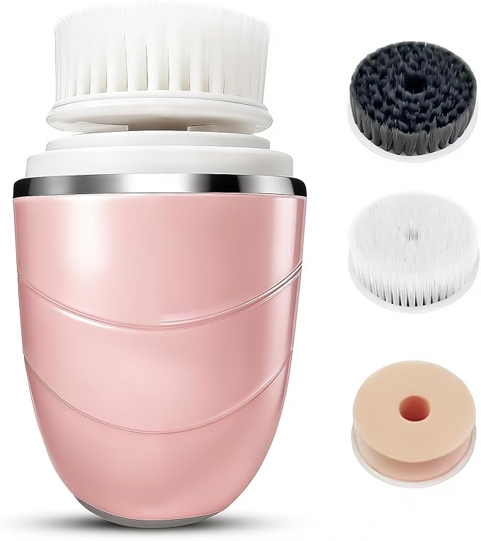 Facial Cleansing Brush, Mini Electric Face Scrubber, Waterproof Face Exfoliator Brush for Deep Cleansing, Portable Face Wash Brush for Travel, Easy to Carry, with 3 Brushheads for Women Mom Men