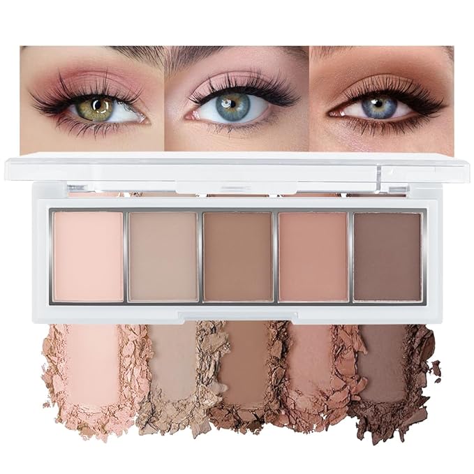 5 Colors Mini Matte Nude Eyeshadow Makeup Palette Pink Brown Taupe Smokey Eye, High Pigment Blendable Contour Soft Neutral Matte Palette for Daily Natural Looks, Mature Eyes, Blue Green Brown Eyes