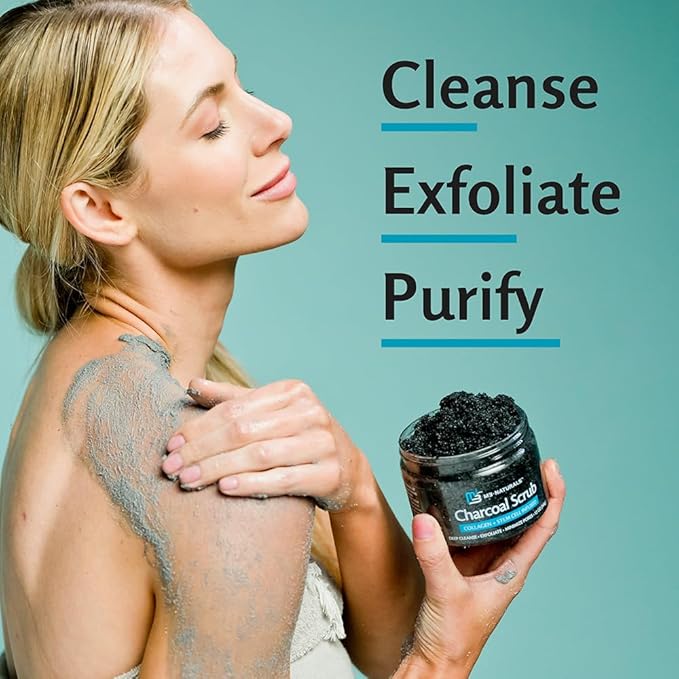 Exfoliating Charcoal Scrub with Collagen & Stem Cells – Salt Scrub for Body Toning, Cellulite, Armpit Detox, and Skin Smoothing for Face, Feet, and Body by M3 Naturals
