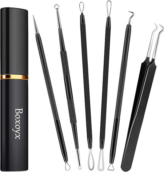 Boxoyx Pimple Popper Tool Kit - 6 Pcs Blackhead Remover Comedone Extractor Tool Kit with Metal Case for Quick and Easy Removal of Pimples, Blackheads, Zit Removing, Forehead, Facial and Nose(Black)