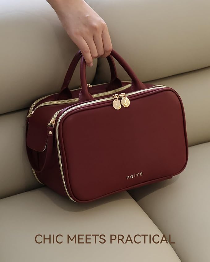 Prite Travel Makeup Bag Women’s Large Capacity Waterproof Cosmetic Organizer Portable Open Flat Toiletry Case with Free-standing Brush Holder and Handle(Burgundy Large)