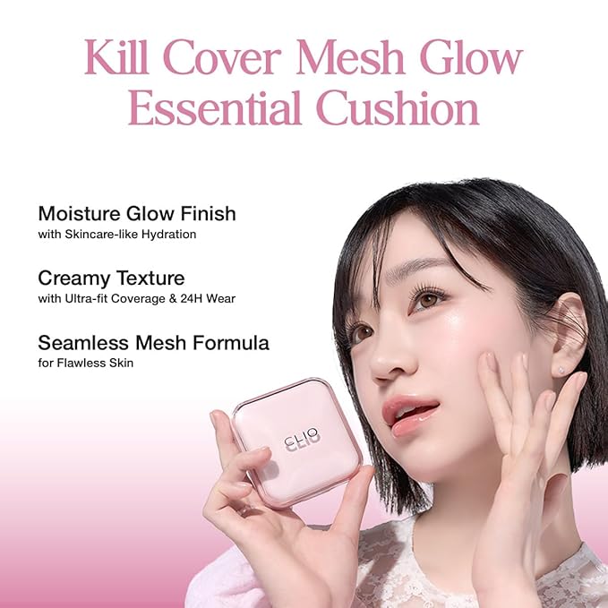 CLIO Kill Cover Mesh Glow Essential Cushion Foundation, Buildable Ultra-Fit Coverage with Glow Finish, Long-Lasting Hydration, Flawless Natural Cover for Radiant Skin, Korean Foundation (23N GINGER)