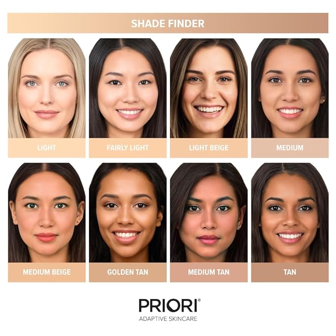PRIORI Skincare Mineral Foundation, Natural Loose Make Up Powder, Sunscreen Protection, Advanced Skin Correction, Recommended for Sensitive Complexion (Medium Beige, 7 Grams)