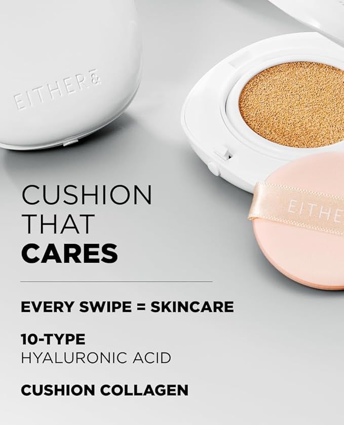 EITHER& Glow Pixel Cushion Foundation, Skincare Formula, Dewy Glass Skin, Lightweight & Long-Lasting 100H Wear, Buildable Hydrating Korean Cushion (22.5P Dawn, 12g)