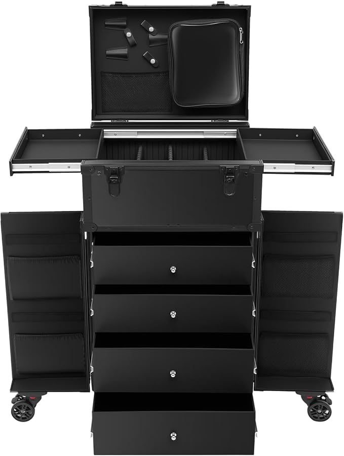 Professional Rolling Makeup Case 4 Drawers Makeup Travel Case for Makeup Artist, Hairstylists, Large Storage Cosmetic Case Trolley, Make-up Travel Organizer with Key Swivel Wheels