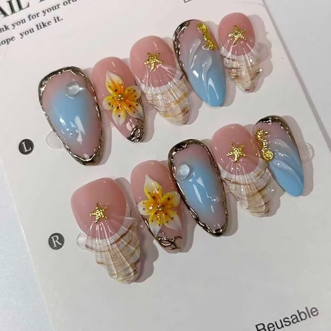 MAGLFELL Press On Nails - Handmade Medium Length Almond French Tip Fake Nails, Shell Painting Design, Reusable Artificial Almond False Nails for Women 10 Pcs Acrylic Nails Kit (Size L)