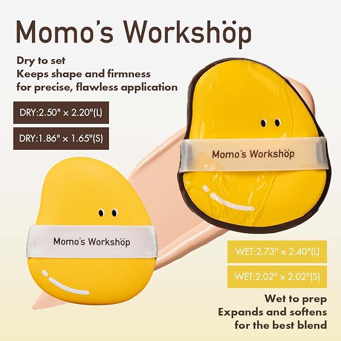Mango Shape Makeup Sponge 2-Pack (L & M Size), Hydrophilic PU for Dry & Wet Use, Dual-Ended for Full Coverage & Sheer Finish, with Ribbon Grip & Travel Case