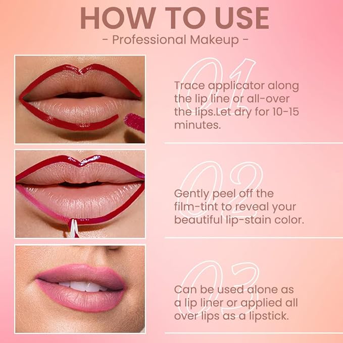 JUAAZIN Matte Lip Stain Peel Off Lip liner with Tweezer, Pinkish Red Peel Off Lip Stain, Long Lasting Waterproof Lipstick Lip Gloss Tattoo, Transfer-proof for All Skin Types, 0.12 fl oz 06#