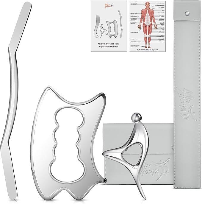 3Pcs Stainless Steel Gua Sha Muscle Scraper Tool Set, Medical Grade IASTM Physical Therapy Tools for Plantar Fasciitis, Deep Tissue Massage & Myofascial Release, Scar Tissue Tool for Body