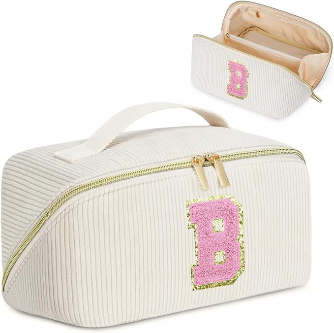 Personalized Initial Makeup Bag, Valentine's Day Gifts for Girls,Preppy Bag Cosmetic Travel Bag Women,Travel Toiletry Organizer,Large Capacity Corduroy Stuff Bag,Cute Cosmetic Pouch Skincare Bag