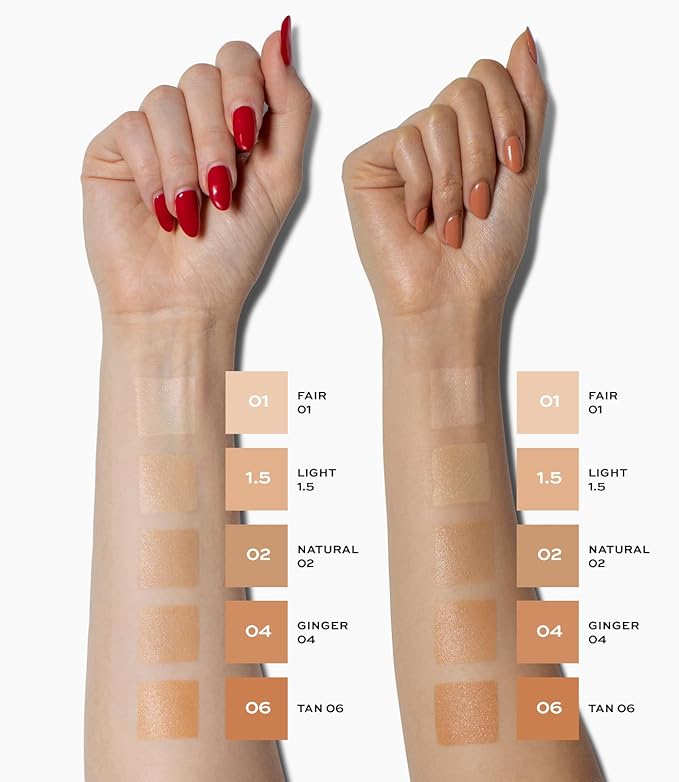 MAKE Beauty Diffusion Dew Skin Tint. Sheer to Medium Coverage Radiant Finish. Blurring, Smoothing, and Brightening for Glowing Complexion. Enhanced with Niacinamide and Adenosine. Bronze 14