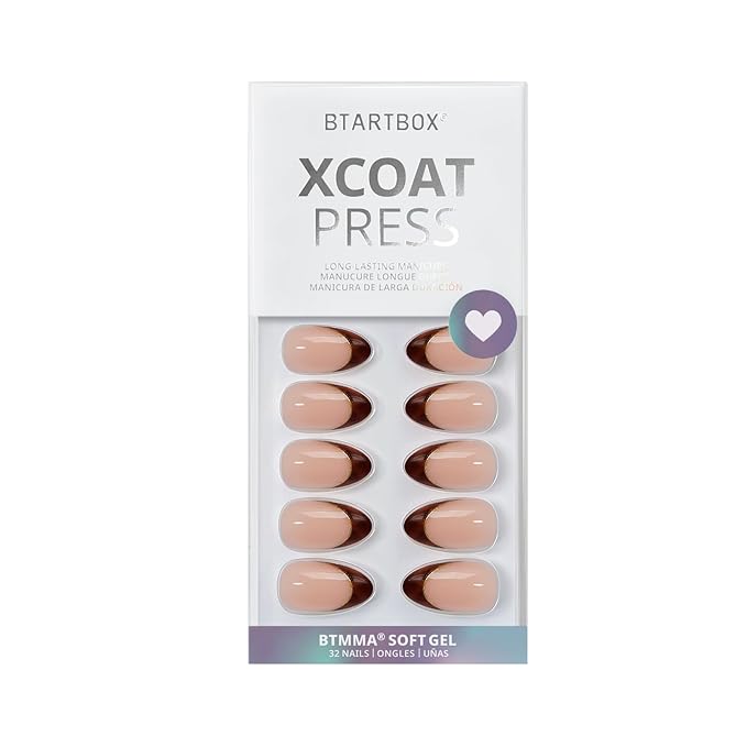 BTArtbox Press On Nails Short Almond - Tortoise Shell, Winter French Tip Press On Nails, Soft Gel Fake Nails Brown, Reusable Glue On Nails with Nail Glue in 16 Sizes, 32 Stick On Nail Kit