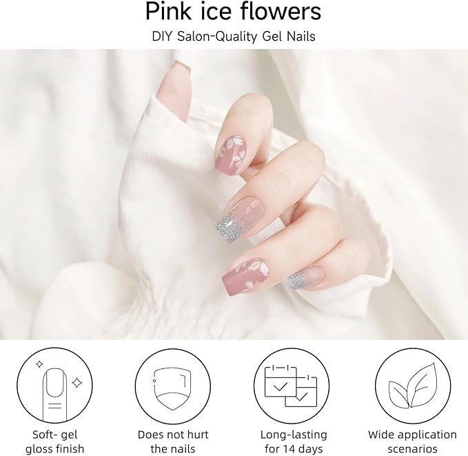 DUKASOU Semi Cured Gel Nail Strips, 56Pcs Nail Art Stickers/Wraps, Long Lasting UV Nail Polish Strips for Adults(Pink Flowers)