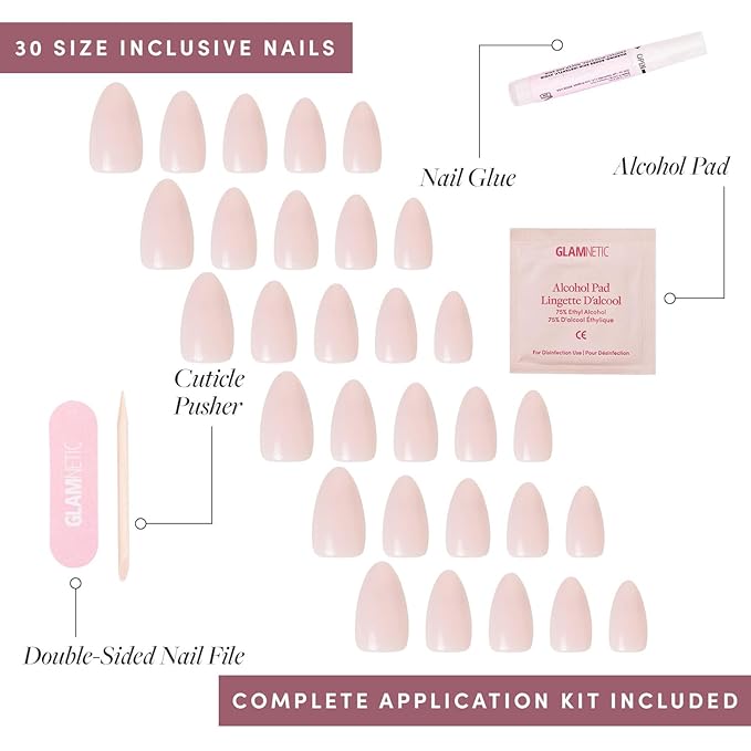 Glamnetic Press On Nails - Ballet Pink | Solid Opaque Light Blush Pink Short Almond Nails, Salon Quality | 15 Sizes - 30 Nail Kit
