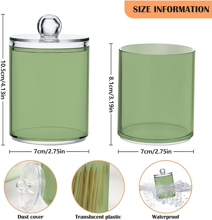 Xigua Light Green 2 Pack Qtip Holder Dispenser With Lid, Apothecary Jars Plastic Swabs Cans Clear Bathroom Storage Canister for Cotton Ball, Swab, Round Pads, Floss26