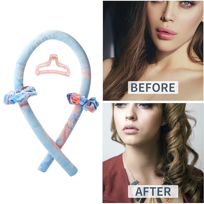 Heatless Curling Rod Headband No Heat Silk Ribbon Curling Rod Hair Roller Curls with Hair Claw Clip Lazy Natural Soft Wave DIY Hair Rollers Styling Tool for Sleep in Overnight (Cai)