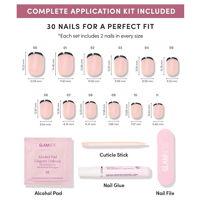 Glamnetic Press On Nails - Burnt Miso | Super Short Black French Tip Fake Nails, Extra Short Salon Quality French Manicure | 12 Sizes - 30 Nail Kit with Glue