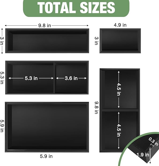 Bamboo Drawer Organizer, 5-Piece Silverware & Kitchen Organizer Set with Removable Dividers for Kitchen, Utensils, Bathroom, Office, Makeup (Black)