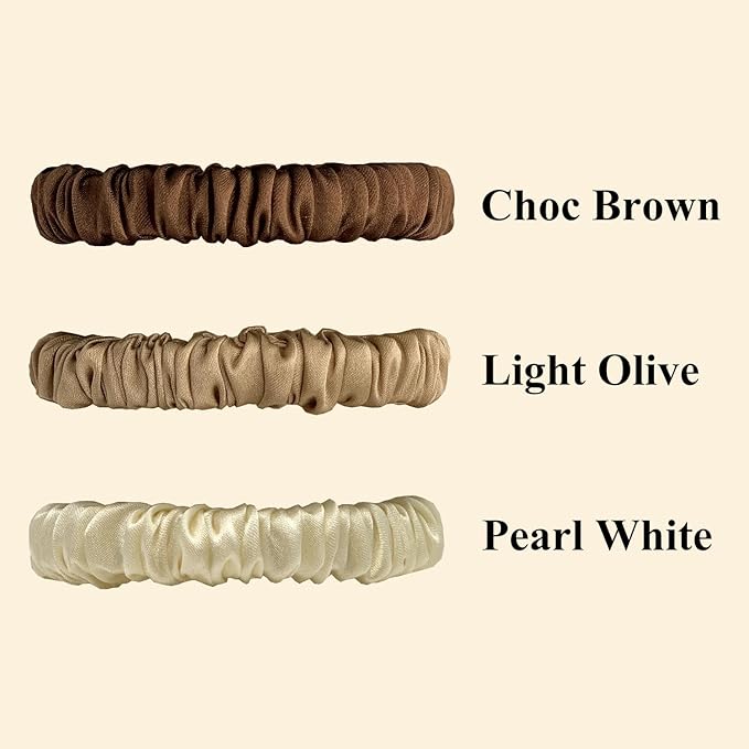 VLOMOT 3 Pcs Set 100% Pure Mulberry Silk Hair Scrunchies Hair Ties with 3 Chic Colors Everyday Skinny Scrunchies Silk Ponytail Holders Hair Care No Damage (Chocolate)