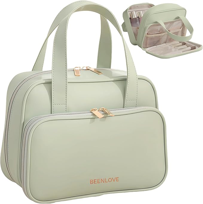 VISSUX Travel Makeup Bag, Large Capacity Waterproof Cosmetic Bag for Women, Opening Storage Toiletry Bag With Handle and Divider, Portable Makeup Organizer Bag for Travel & Daily Use (GREEN)