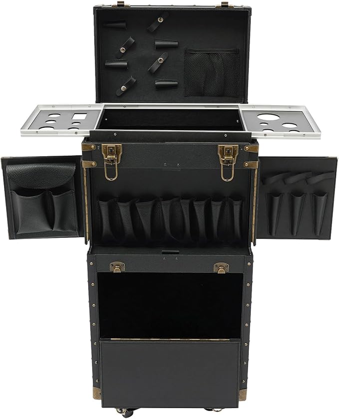 Rolling Lockable Makeup Train Case, Beauty Salon Luggage Hairdressing Trolley Stylist Beauty Salon Cosmetic Luggage Travel Organizer Tool Box for Professional Hairdressers(Balck)