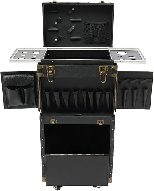 Rolling Lockable Makeup Train Case, Beauty Salon Luggage Hairdressing Trolley Stylist Beauty Salon Cosmetic Luggage Travel Organizer Tool Box for Professional Hairdressers(Balck)