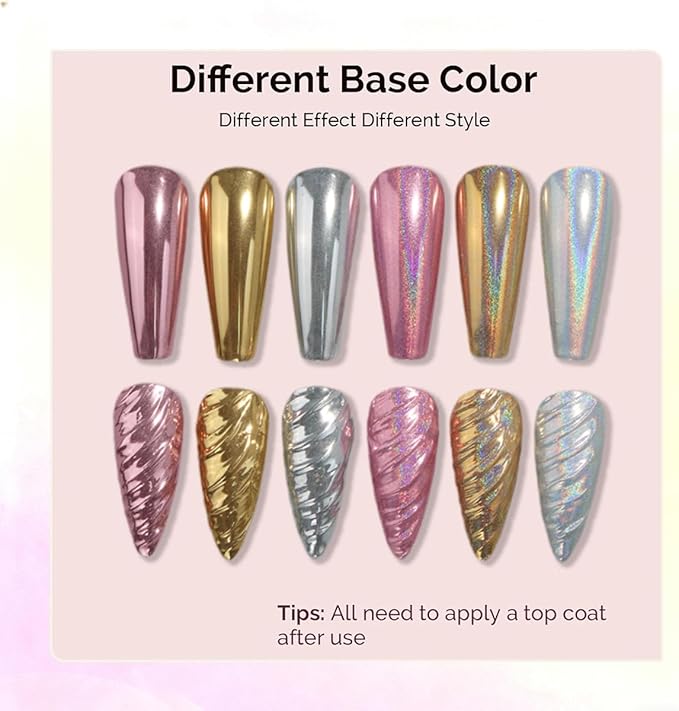 6 Jars Gold Silver Chrome Nail Powder, Holographic Unicorn Iridescent Nail Chrome Powder, Metallic Mirror & Laser Effect Glitter Pigment for Aurora Mermaid Nails, Resin Crafts & DIY Nail Decorations