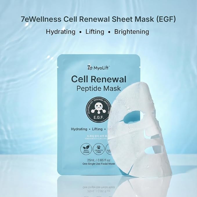 MYOLIFT Cell Renewal Peptide Mask(EGF)– 100%Vegan, Bio-Cellulose FaceMask for CellRenewal, Skin Firming, Hydrating & Brightening-with Niacinamide, Hyaluronic Acid& EGF|Korean Skincare Sheet Mask–Pack1