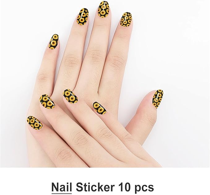 Floral Black Yellow Flowers Sunflower Nails Stickers - 5 PCS, Full Wrap Nail Stickers Wraps Decals Nails Design Manicure Tips Decor for Women