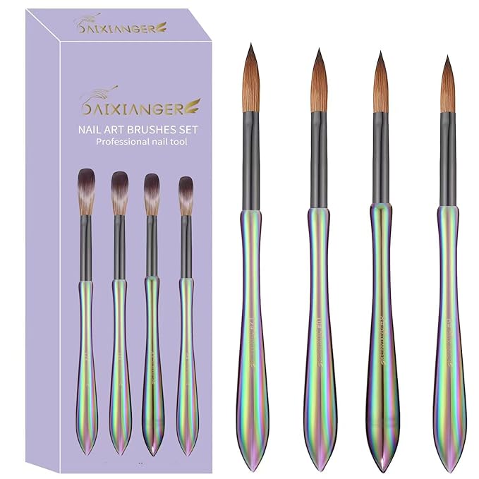 DAIXIANGER 4Pcs Professional Acrylic Nail Brush Set, Size 6/8/10/12, Holographic Gradient Handle Nail Brushes for Acrylic Application Powder & Nail Extension, Nail Carving Tools for DIY Home Salon
