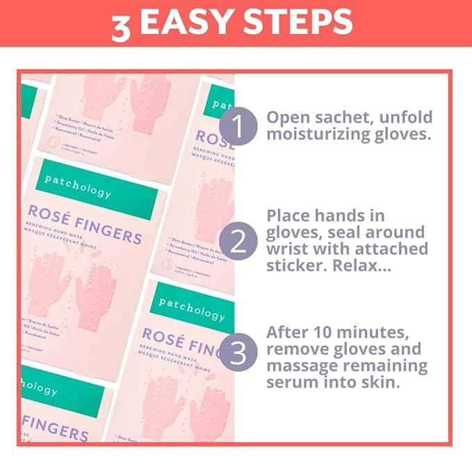 Patchology Rosé Fingers Renewing Hand Mask - Strawberry-Scented Moisturizing Gloves with Shea Butter for Dry & Cracked Hands, Repairing Hand Treatment for Baby Soft Skin, Self-Care Essential - 1 Pair