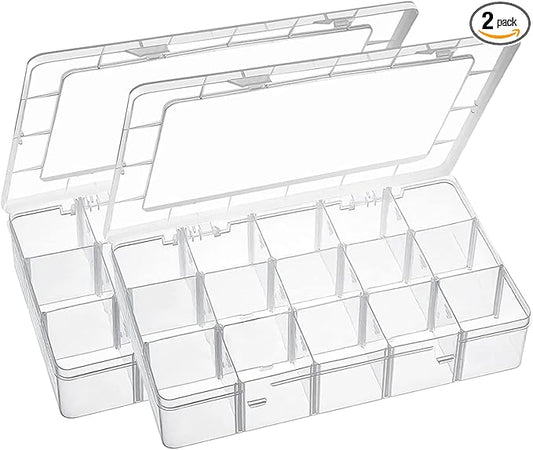 Exptolii 15 Large Grids Plastic Organizer Box with Dividers, 2 Pack Clear Compartment Container Storage for Washi Tapes Beads Crafts Jewelry Fishing Tackles, Size 11 x 6.3 x 2.2 in