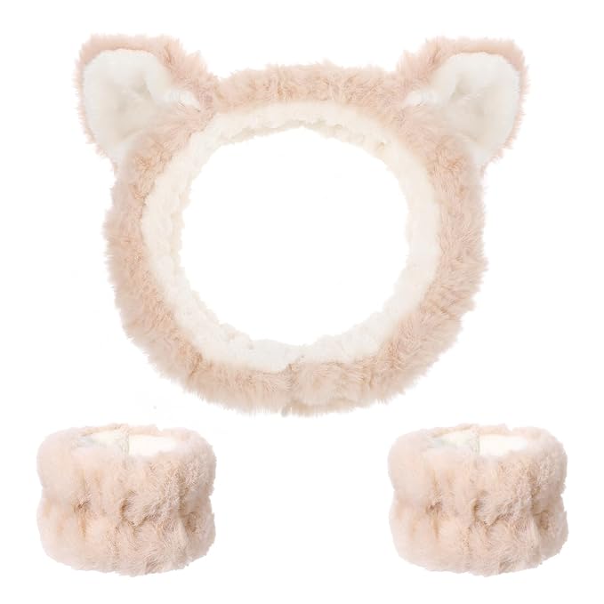 XLIUAX Headbands for Women, Elastic Spa Headband with 2pcs Wristband Set, Cute Plush Cat Ears Puffy Head Band Makeup Hair Band for Washing Face Skincare Yoga Facial Mask(Beige)
