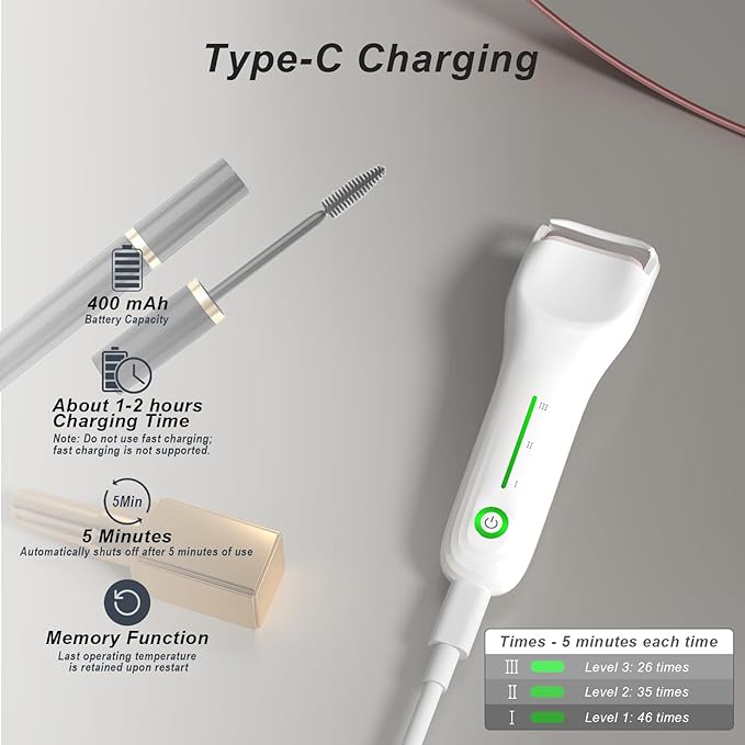 Lilonthy Heated Eyelash Curler, Type-C Rechargeable with 3 Temp Settings & Safe Silicone Pad for Natural Curls, Travel-Friendly (White)